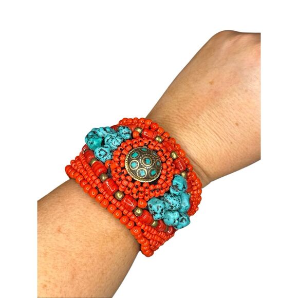 Boutique Orange, Turquoise, and Bronze beaded wrap bracelet - Picture 1 of 4